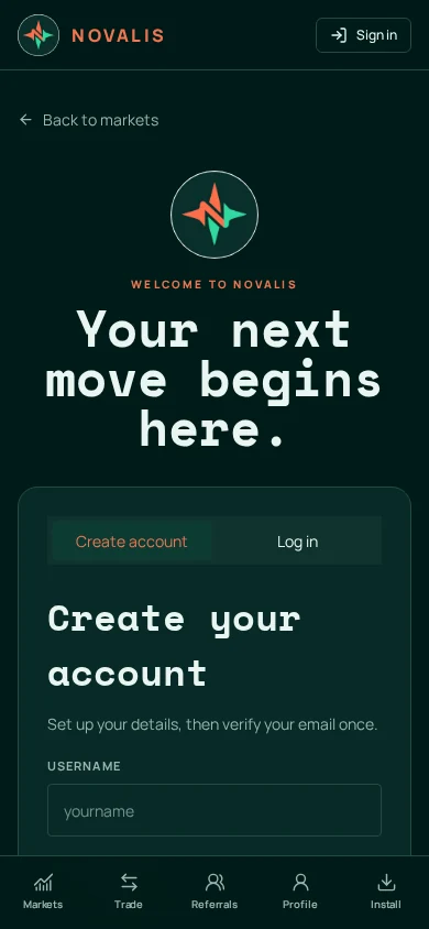 Novalis account sign-up page on a phone