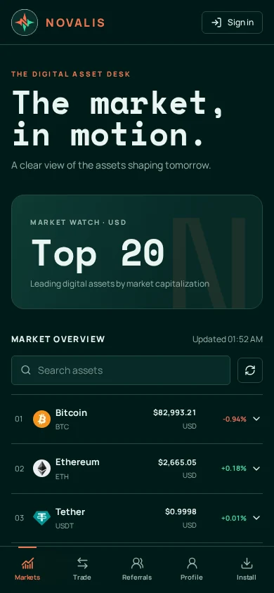 Novalis live crypto markets on a phone