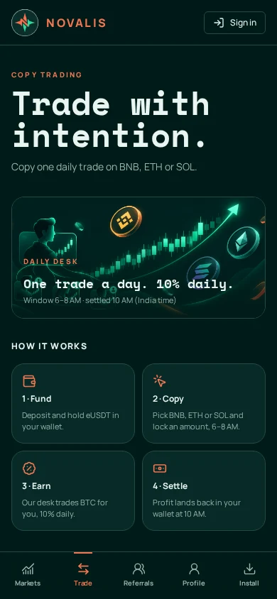Novalis copy trading page on a phone